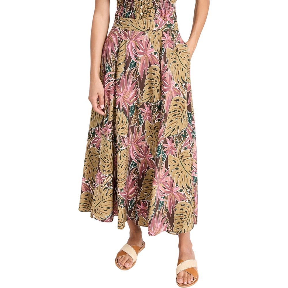 Madewell Crinkled Pink Green Leaf A-Line Maxi Skirt Boho Lightweight Cottagecore